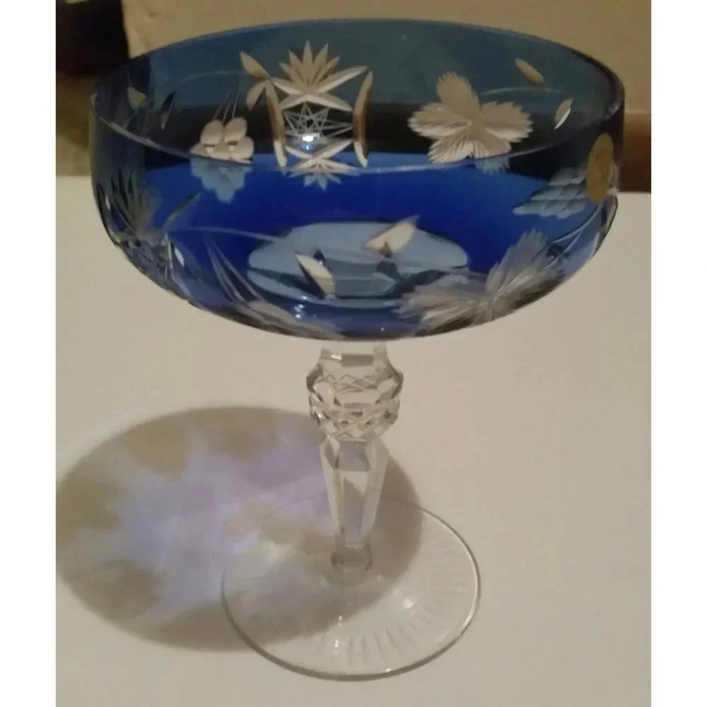 Cobalt Blue Etched Cut to CLEAR Crystal Champagne Glass Poland witg Orig Sticker